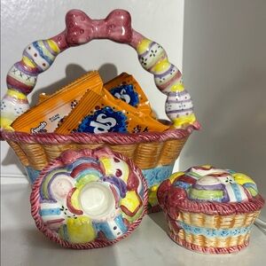 Hand-Painted Ceramic Easter Basket Candy Dish Set - Pink & Multicolor